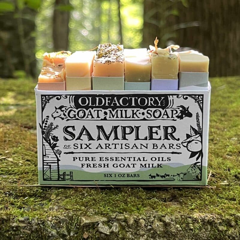 Goat Milk Soap Sampler by Old Factory Soap featuring pure essential oils, organic base oils, herbs and botanicals. great for sensitive skin. handmade in hot springs north carolina